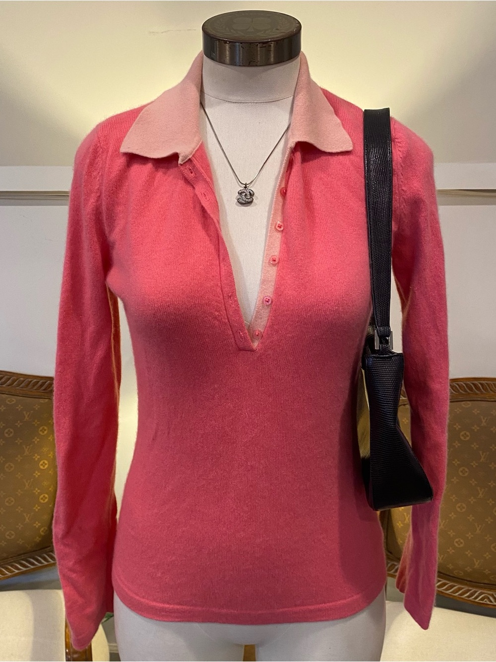 Vintage Two-Tone Pink Cashmere Button-Down Polo Top Long Sleeves Size S